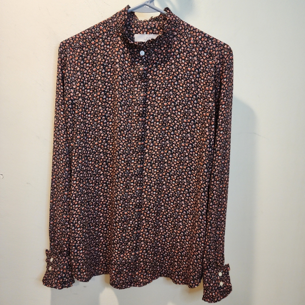 LOFT Floral Burgundy  Button-Up Blouse Size S